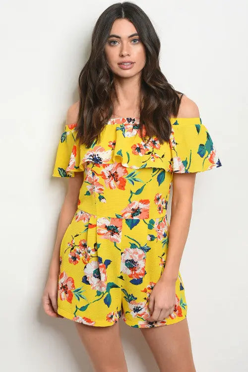 Yellow Floral Print Bandeau Romper with Pockets - The Perfect Touch SA